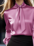 Satin Bow Tie Long Sleeve Blouse (12)