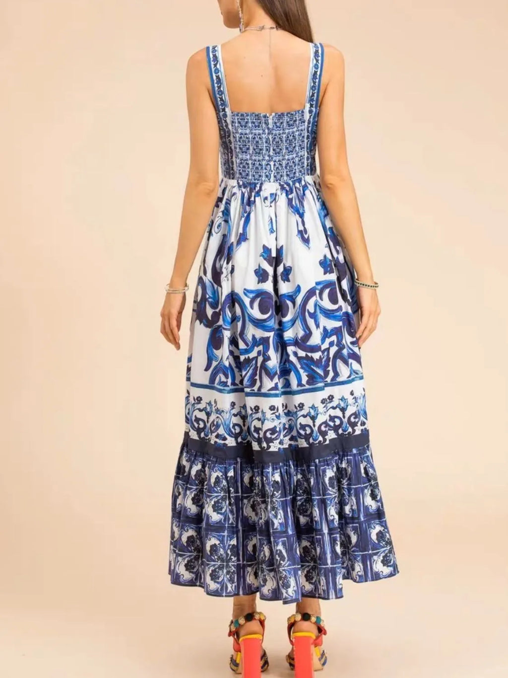Smocked Printed Wide Strap Dress (5)