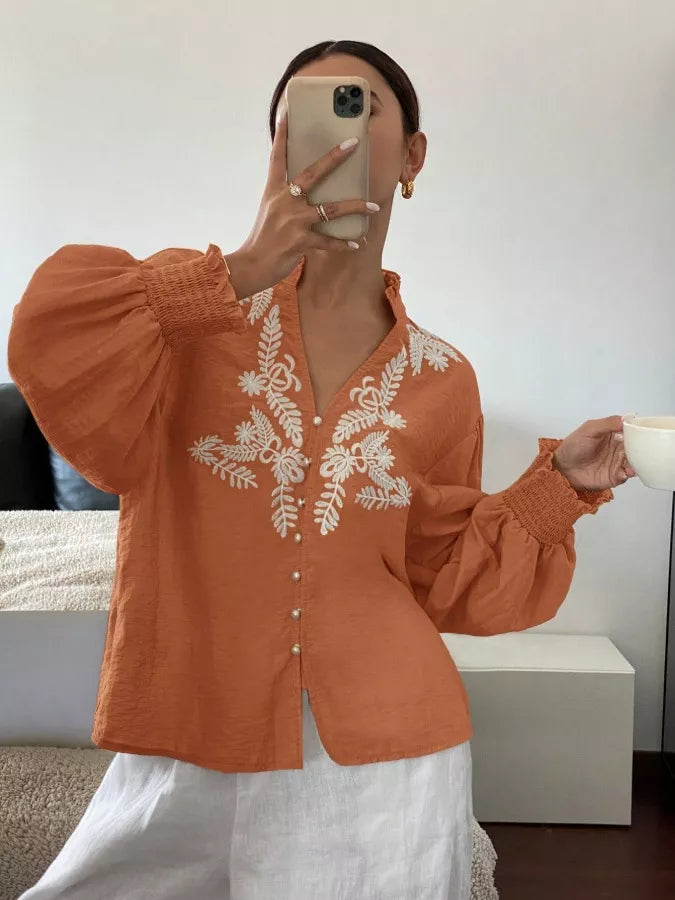 Embroidered Notched Long Sleeve Blouse (34)