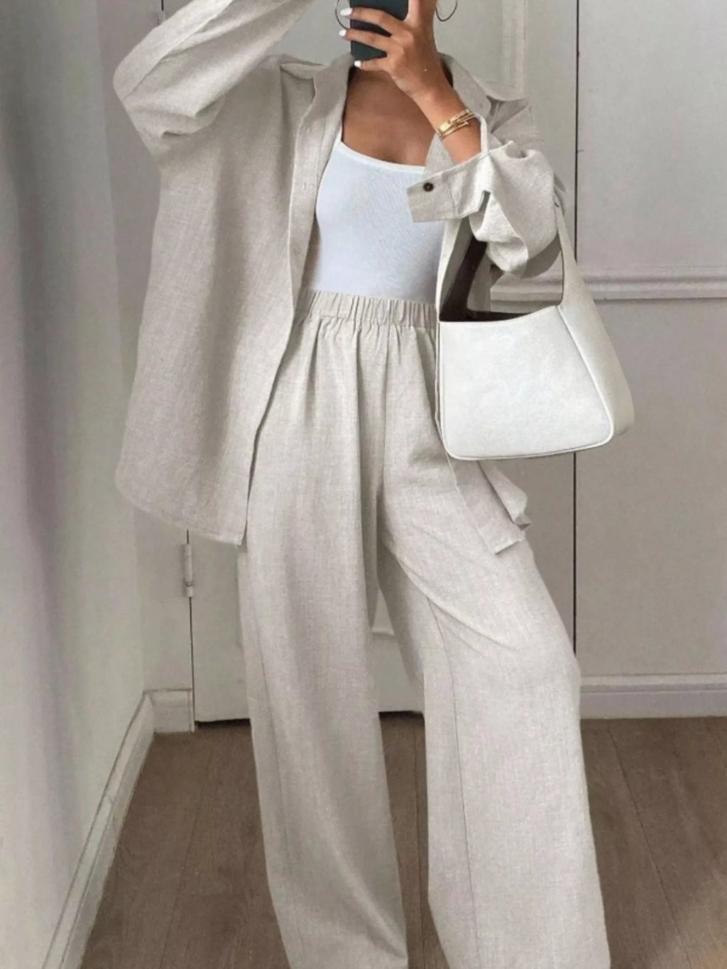 Button Up Long Sleeve Shirt Wide Leg Pants Set