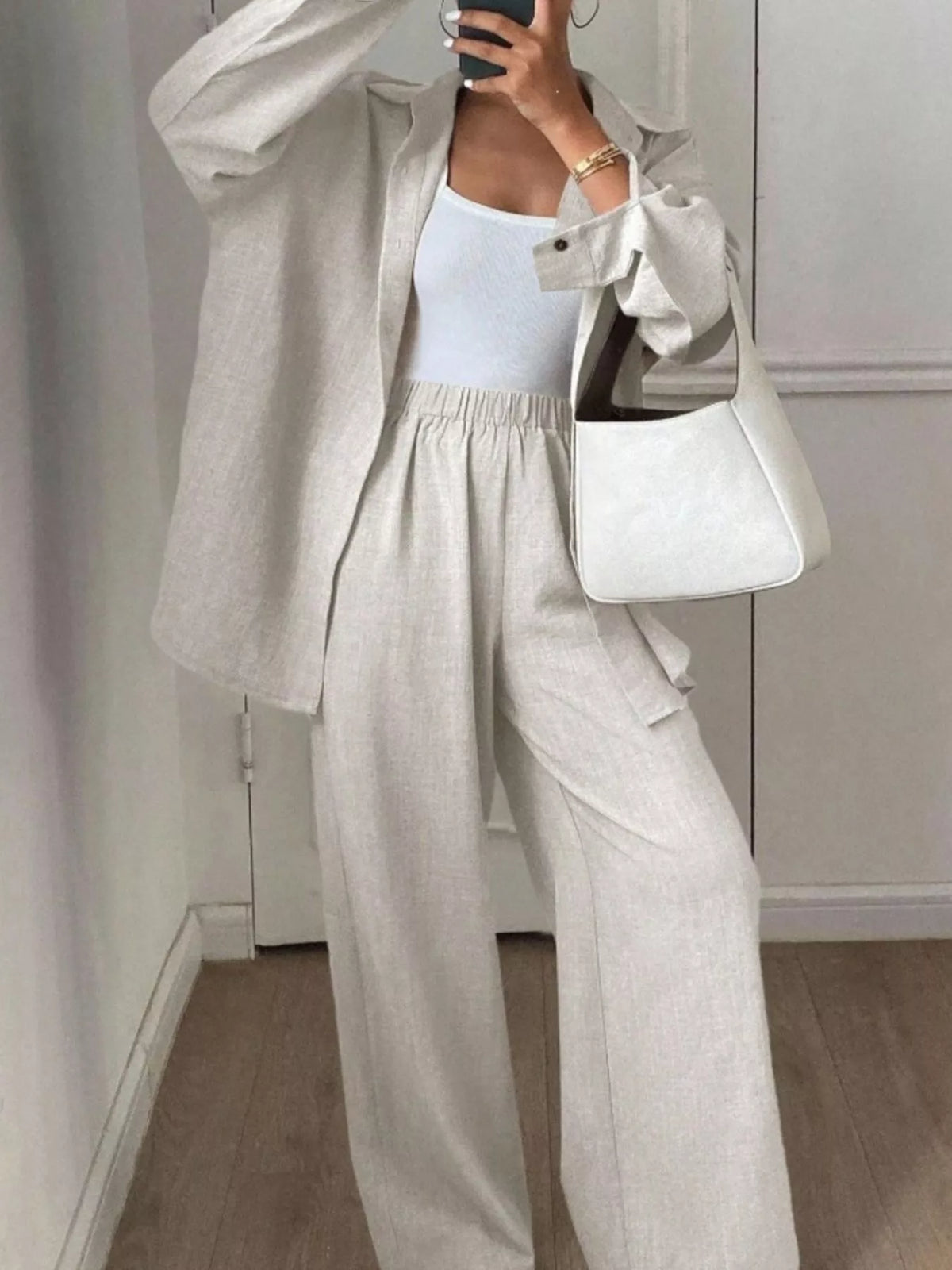Button Up Long Sleeve Shirt Wide Leg Pants Set