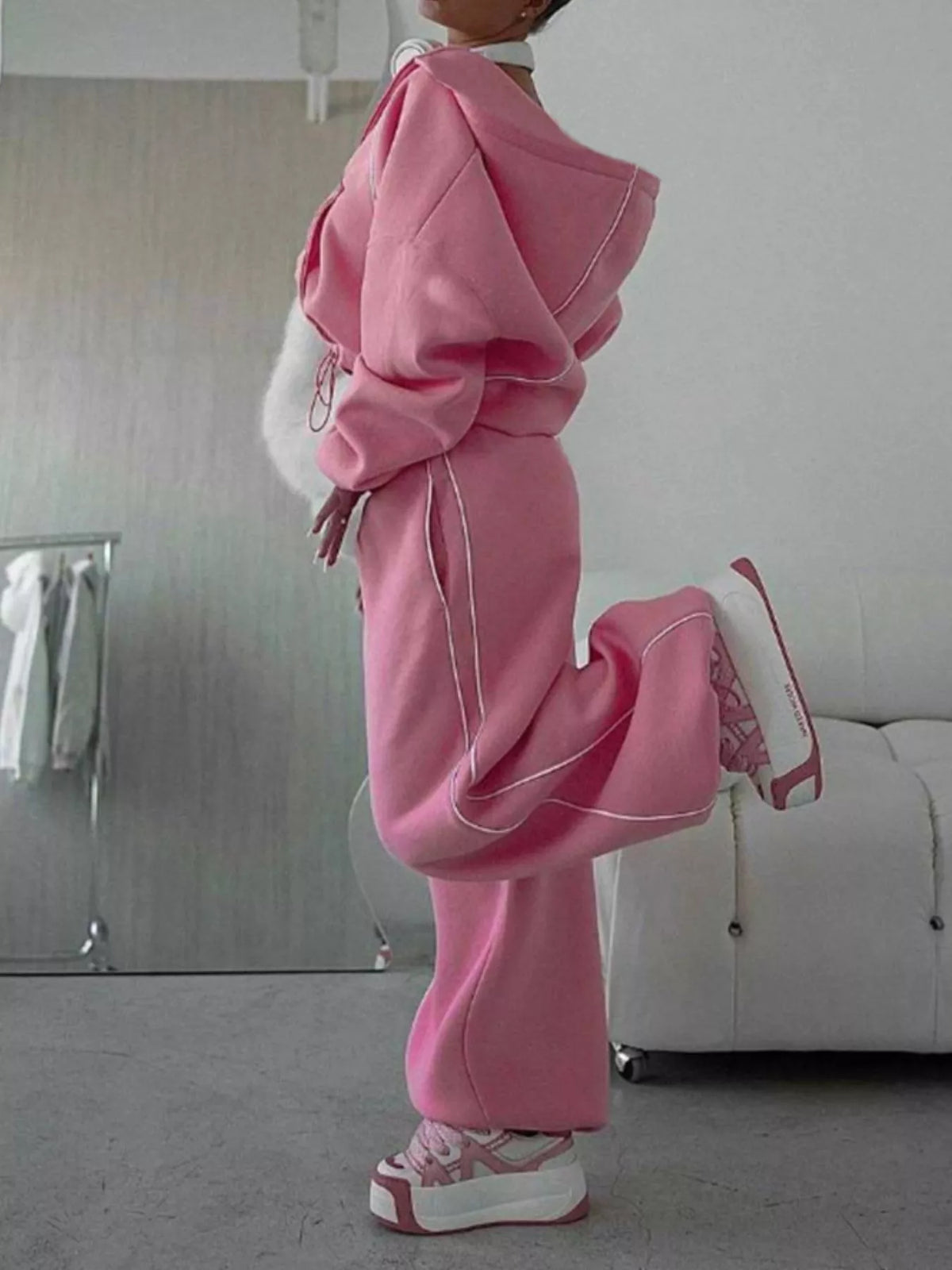 Cropped Zip-up Hoodie Wide-leg Sweatpants Lounge Set (11)