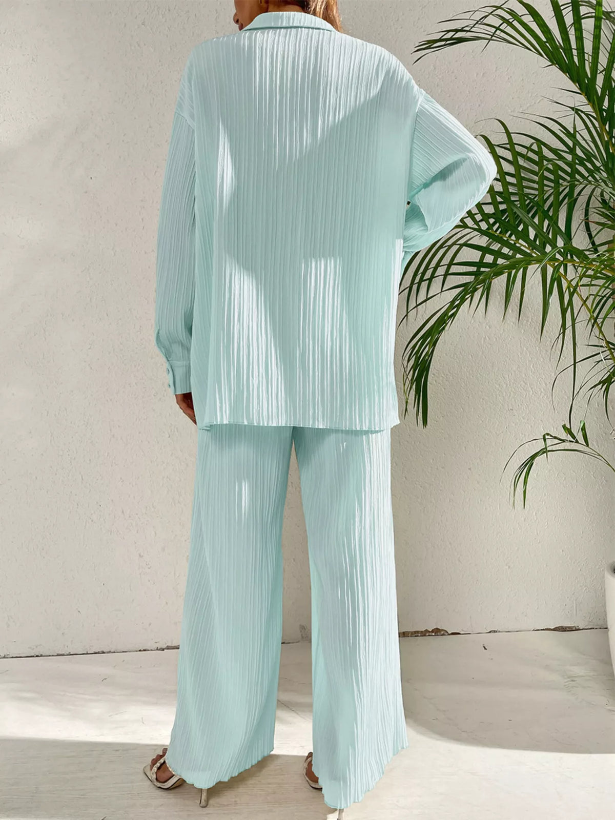 Long Sleeve Shirt Wide Leg Pants Set (15)