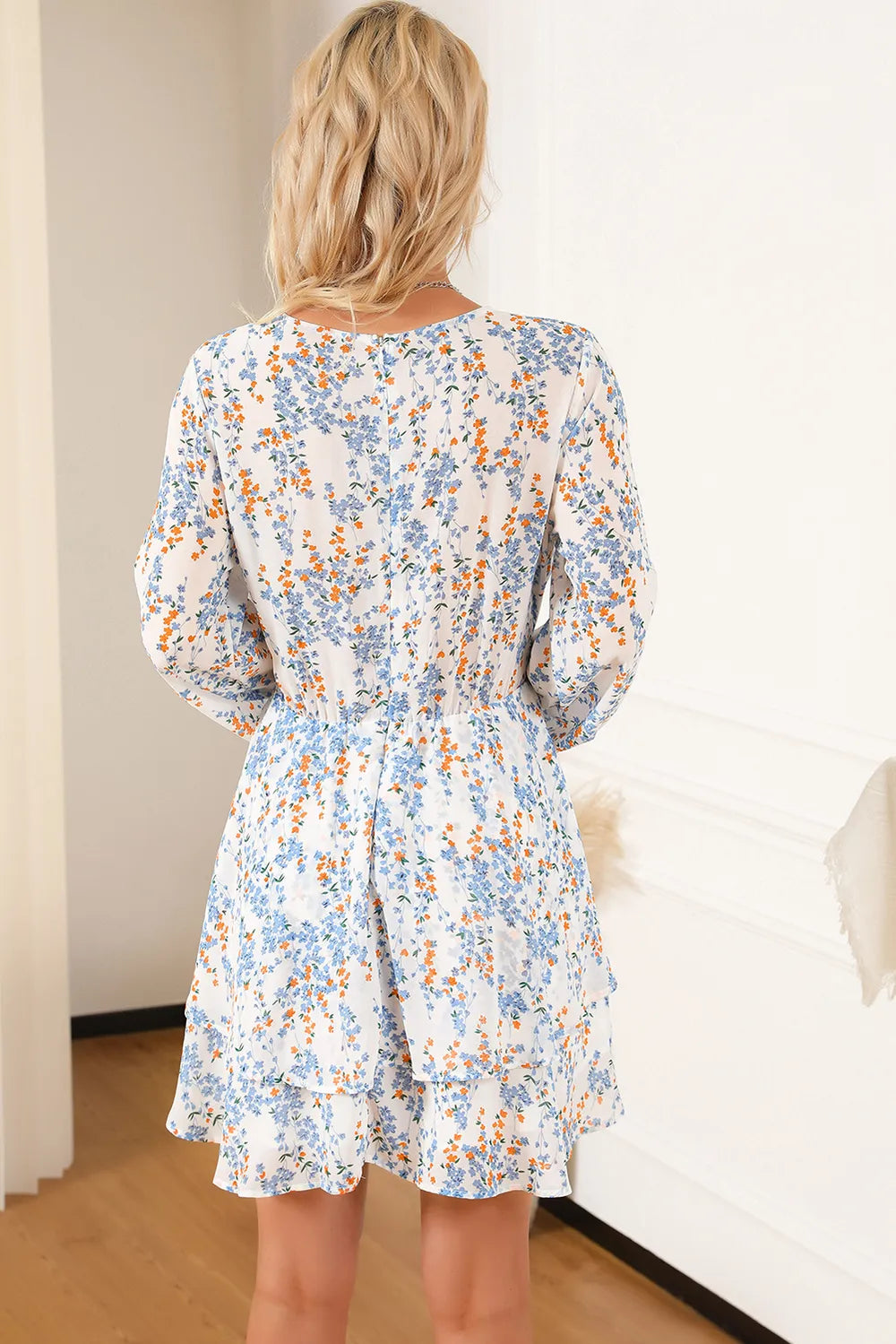 Printed Surplice Balloon Sleeve Mini Dress (2)