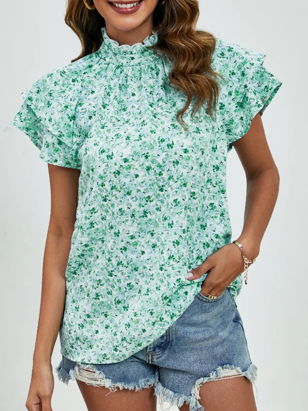 Ditsy Floral Mock Neck Flounce Sleeve Blouse (15)
