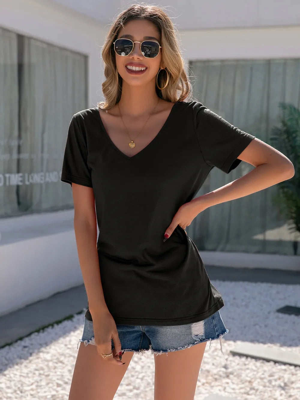 Lace Detail V-neck Short Sleeve T-shirt (11)