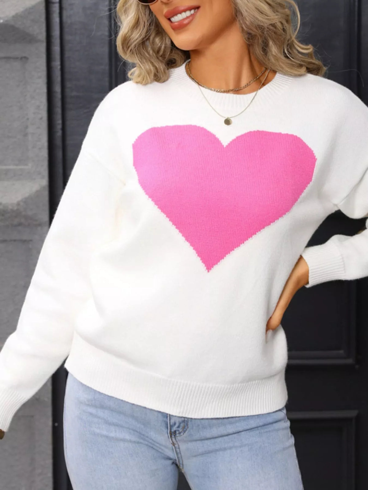 Valentine's Day Heart Round Neck Dropped Shoulder Sweater (5)