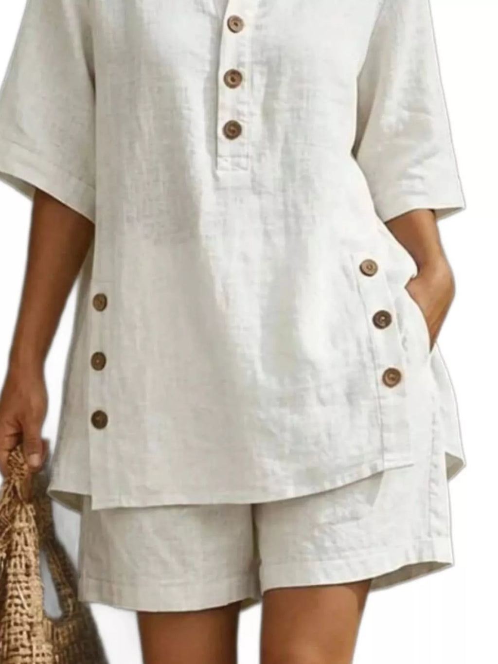 Full Size Casual Linen Button-down Shirt Shorts Set Plus (2)