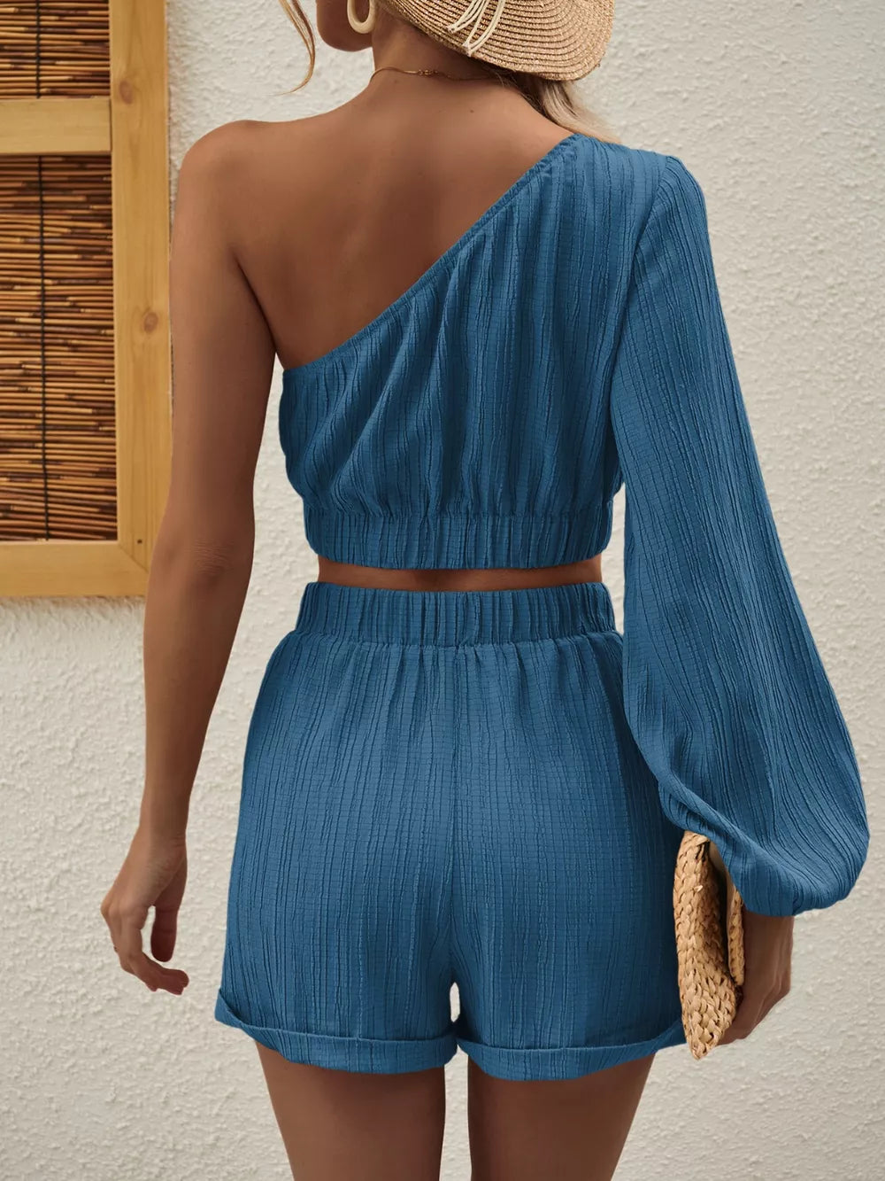 One Shoulder Long Sleeve Top Shorts Set (11)