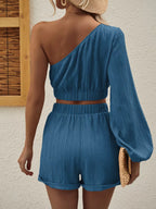 One Shoulder Long Sleeve Top Shorts Set (11)