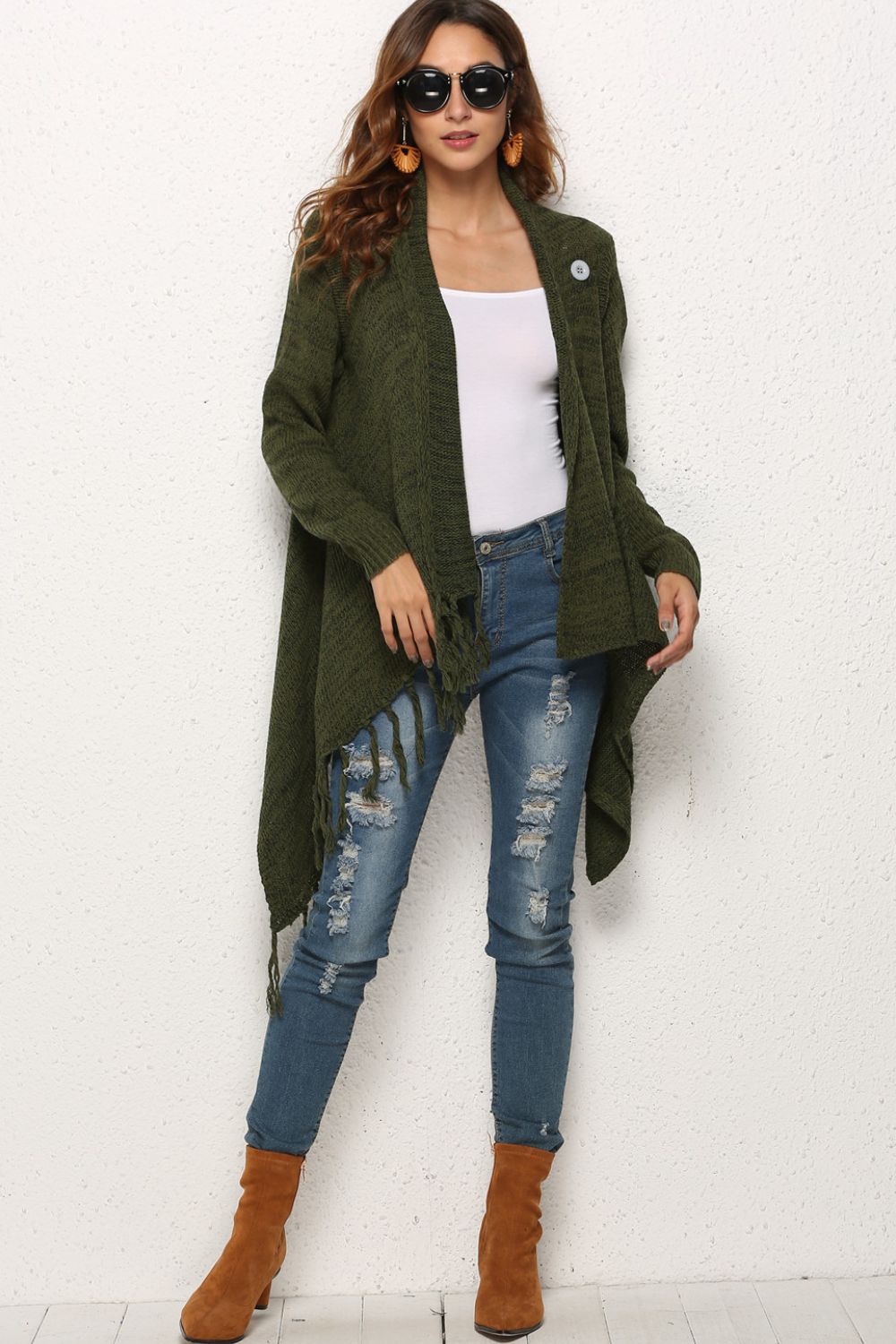 One-button Tassel Tie Asymmetrical Hem Cardigan (10)