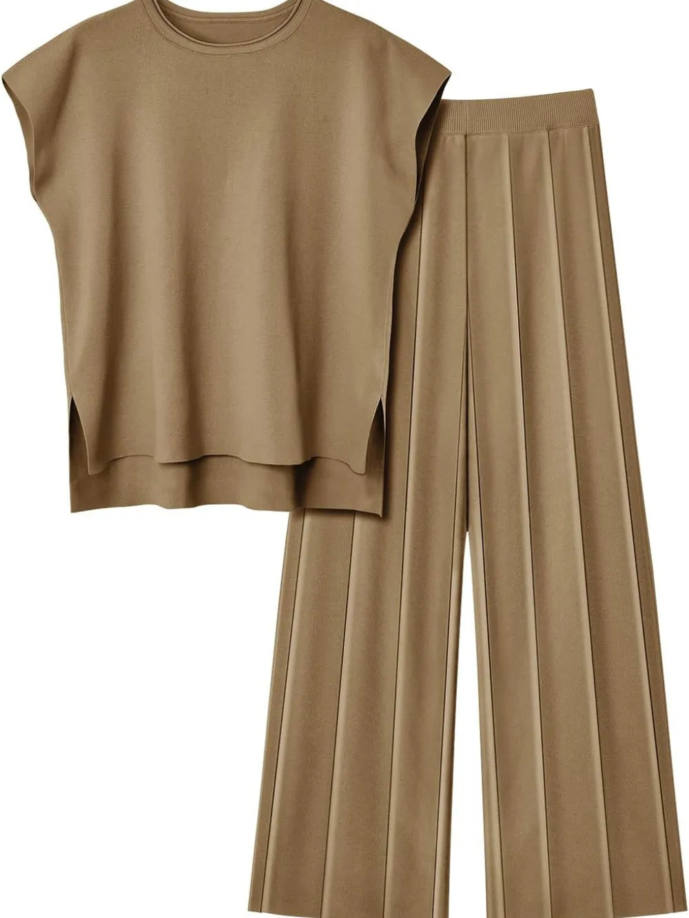 Round Neck Cap Sleeve Top Pants Knit Set (3)