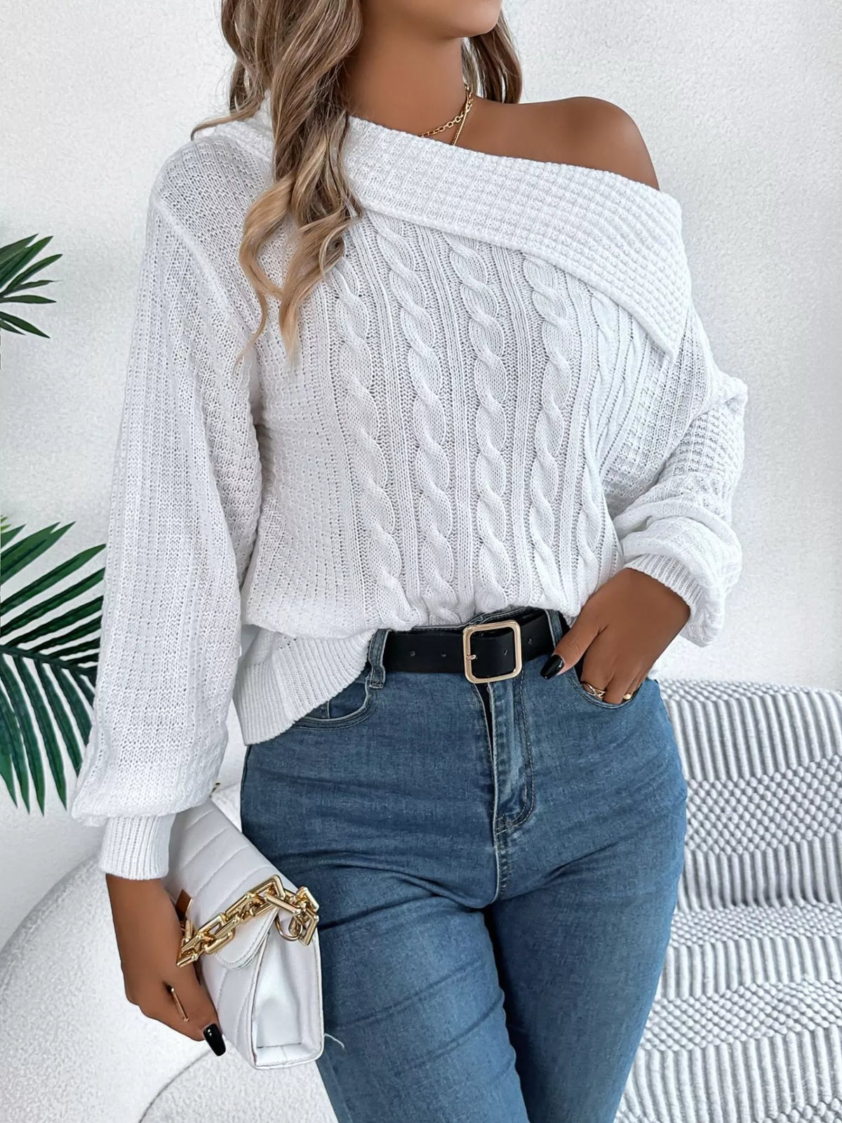 Off-shoulder Cable Knit Sweater (5)
