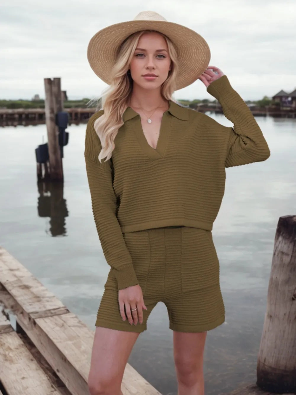 Johnny Collar Long Sleeve Top Shorts Sweater Set (19)