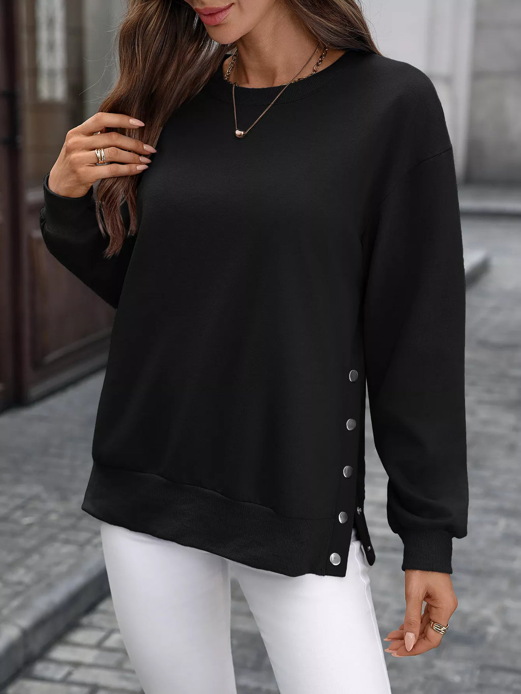 Side Snap Round Neck Sweatshirt (15)