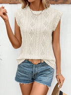 Eyelet Round Neck Cap Sleeve Top (9)