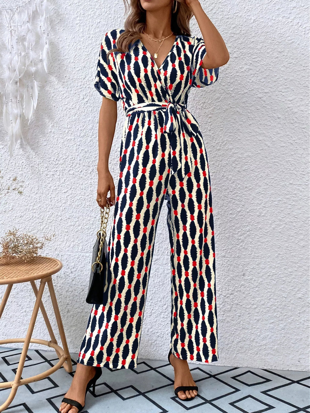 Printed Surplice Tie Waist Short Sleeve Jumpsuit (20)