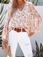 Full Size Floral Print V-neck Long Sleeve Blouse Plus (12)