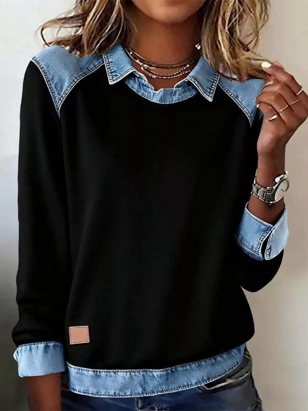 Full Size Denim Trim Long Sleeve Top Plus (3)