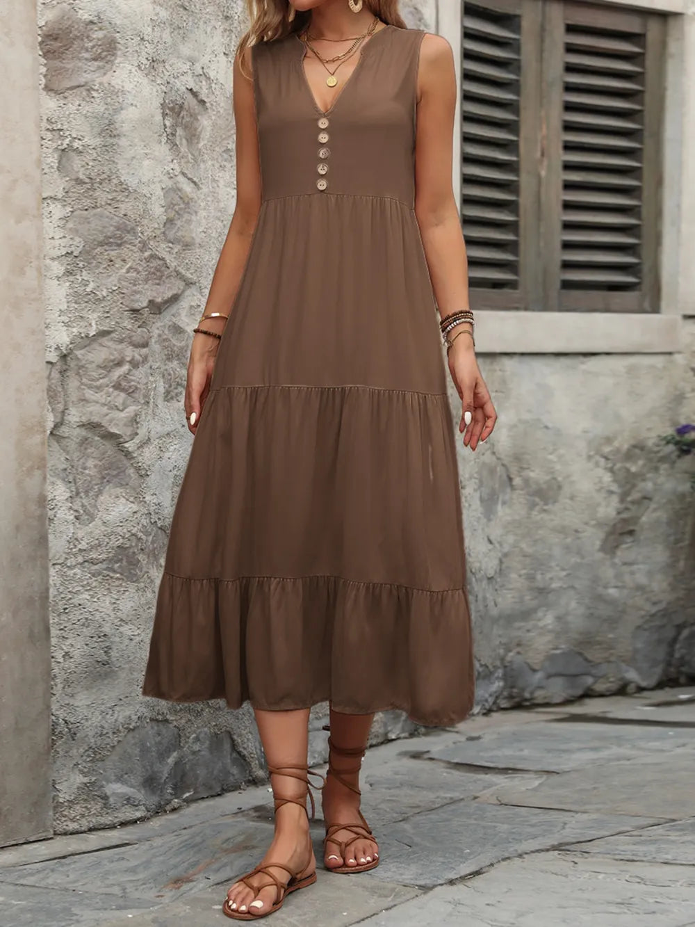 Decorative Button Notched Sleeveless Dress (18)