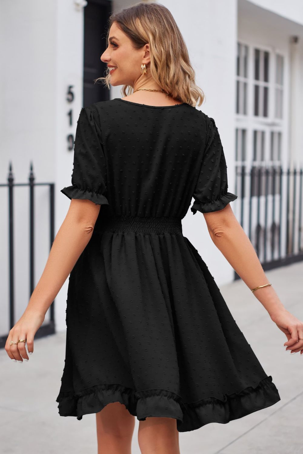 Swiss Dot Frill Trim Flounce Sleeve V-neck Dress (9)