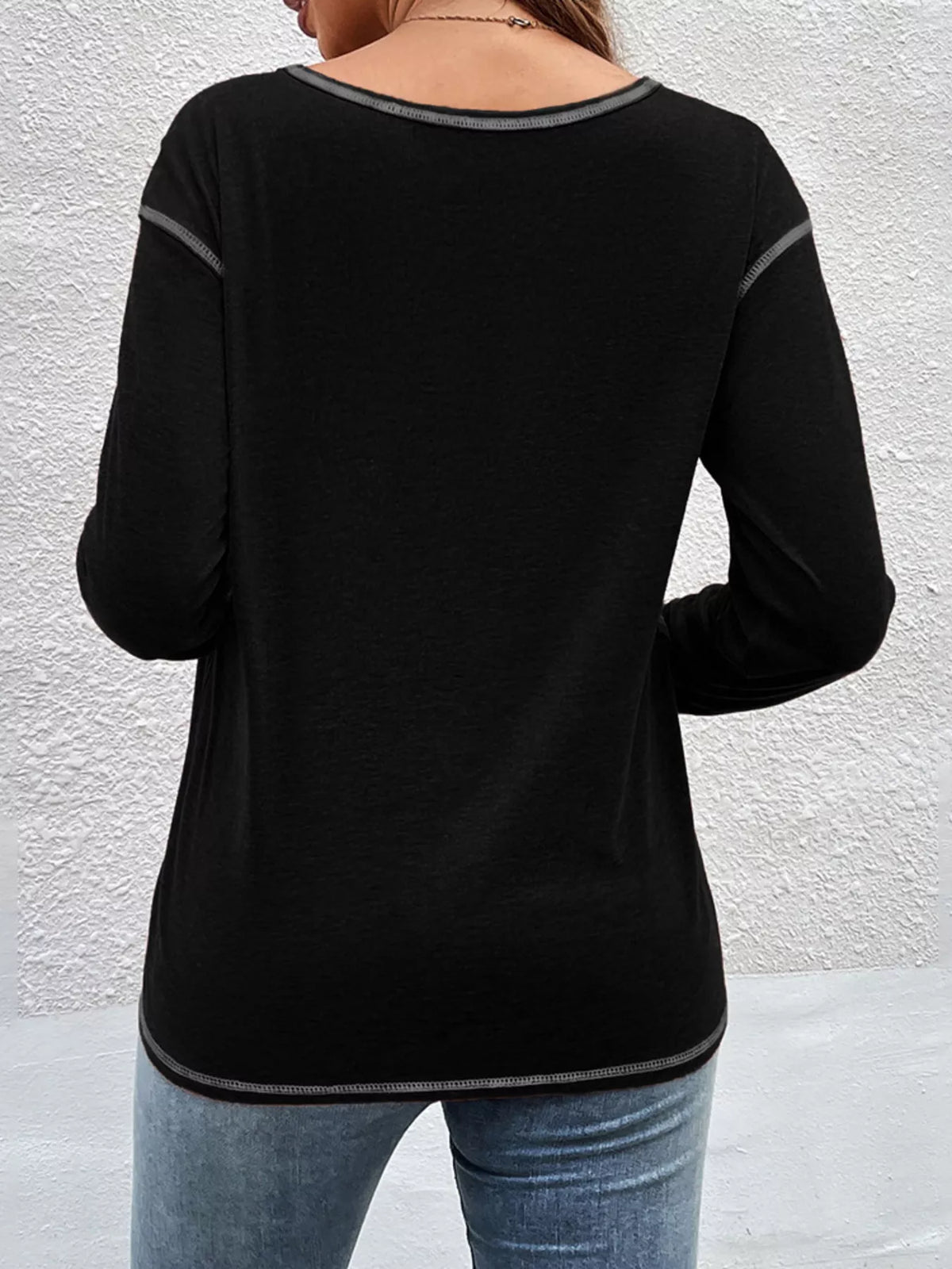 Casual Long Sleeve Exposed Seam T-shirt Decor Button (7)