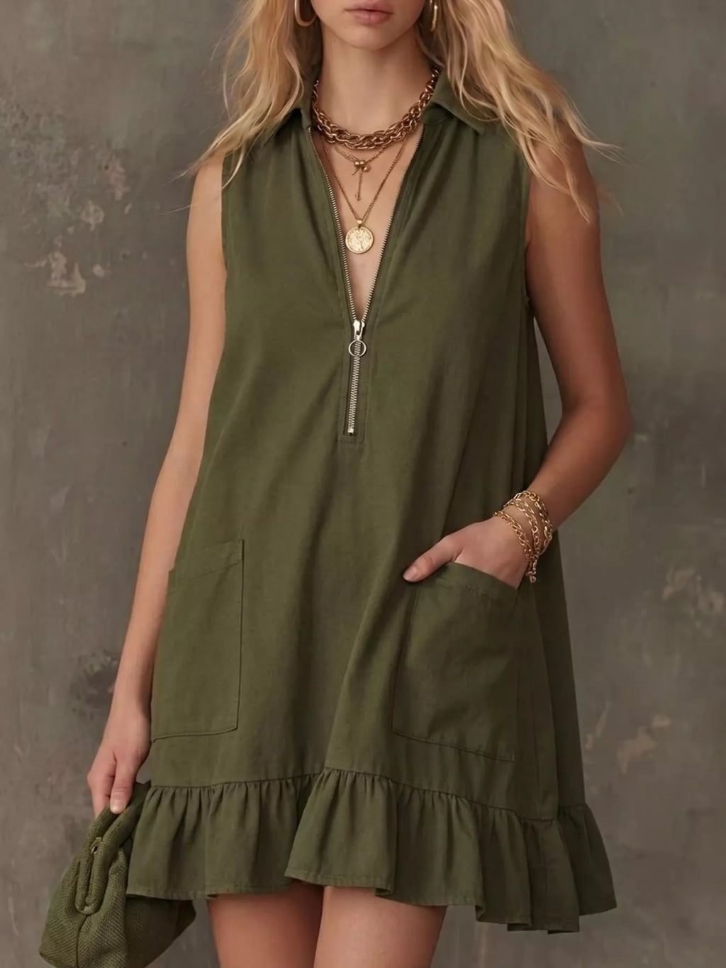 Sleeveless Collared Zip-front Ruffle Hem Dress
