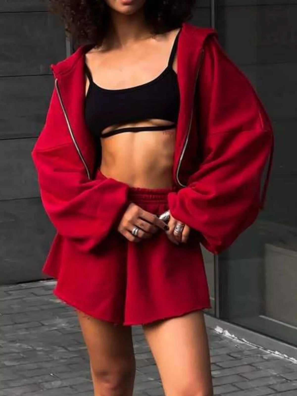 Oversized Zip-up Hoodie Shorts Set (19)