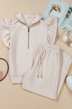 Textured Ruffled Sleeve Zipped Top Wide Leg Pants Set (8)