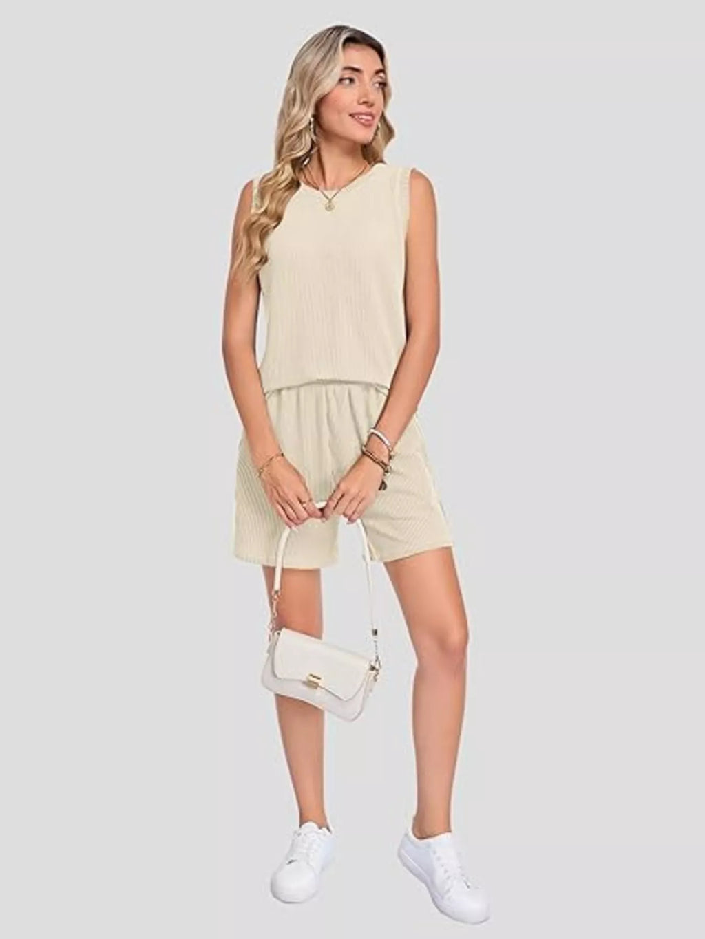 Casual Ribbed Knit Sleeveless Top Shorts Set (9)