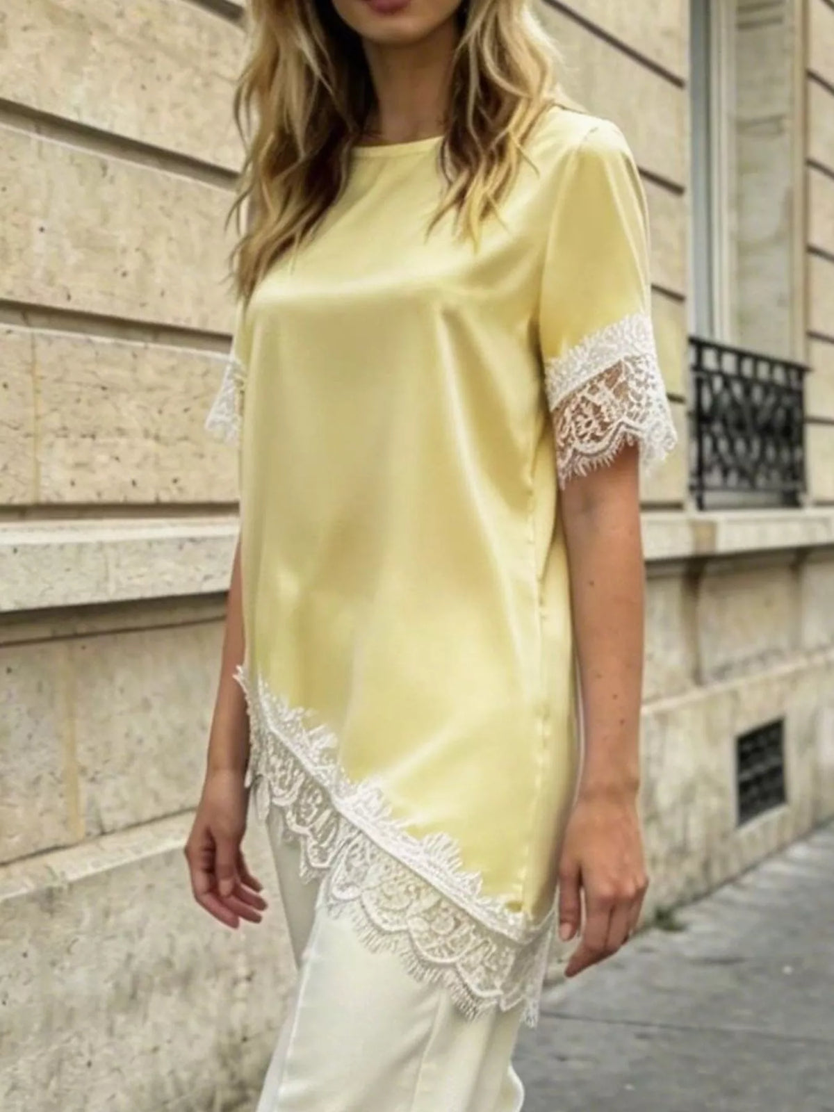Lace Trim Short Sleeve Satin Top (7)