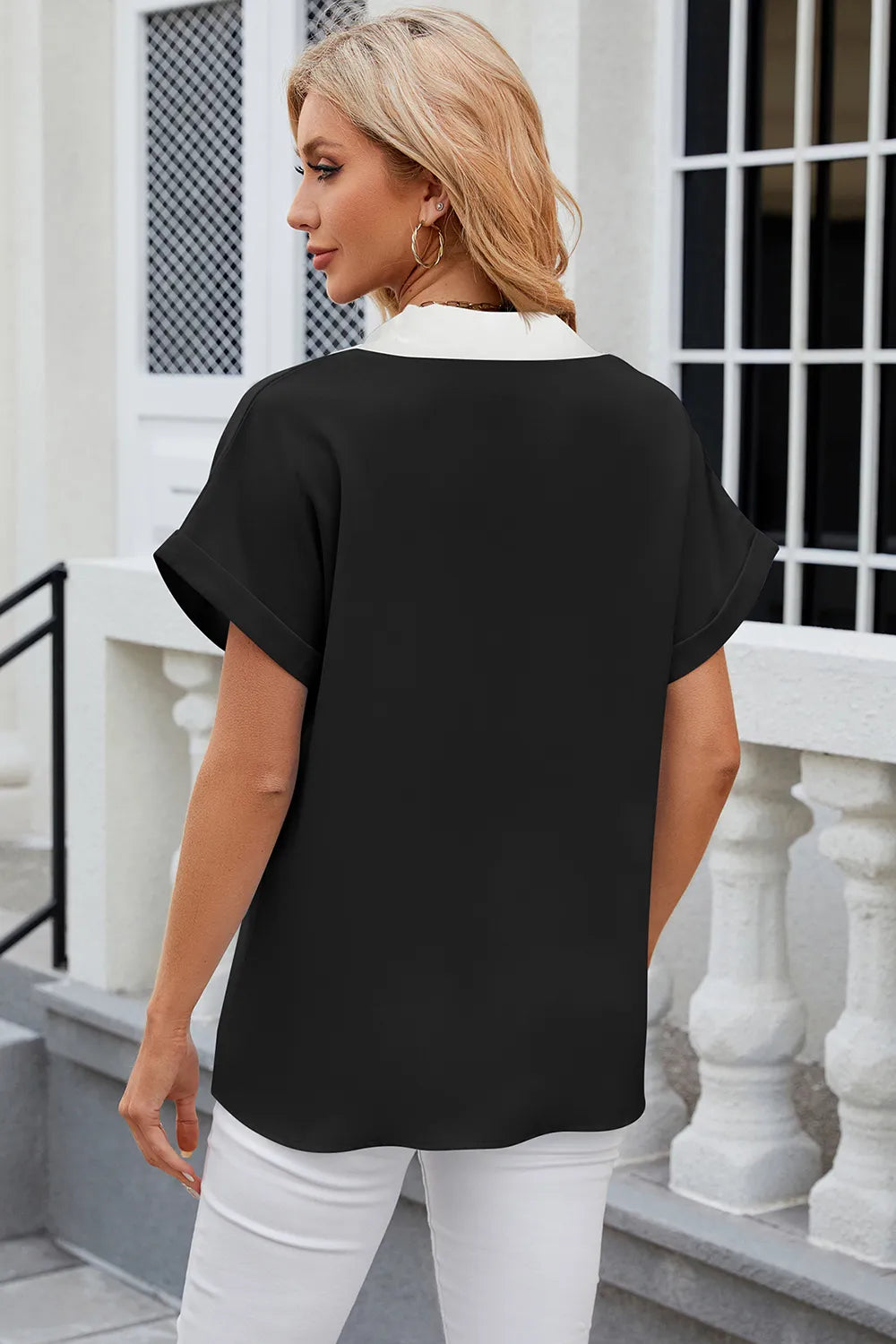 Contrast Johnny Collar Short Sleeve Blouse (2)