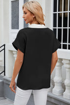Contrast Johnny Collar Short Sleeve Blouse (2)
