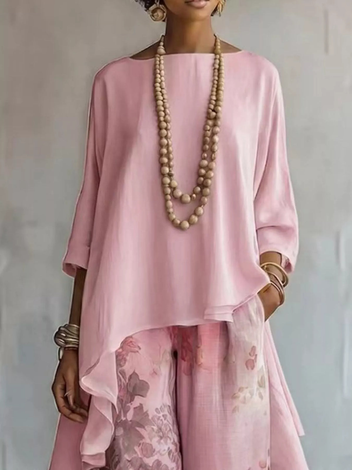 Asymmetrical Hem Top Floral Pants Set (9)