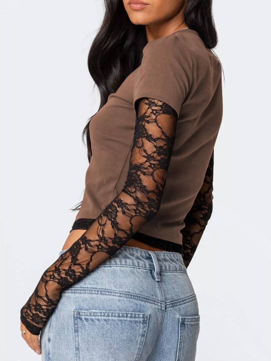 Cropped T-shirt Sheer Lace Sleeves (12)