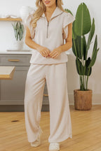 Textured Ruffled Sleeve Zipped Top Wide Leg Pants Set (3)