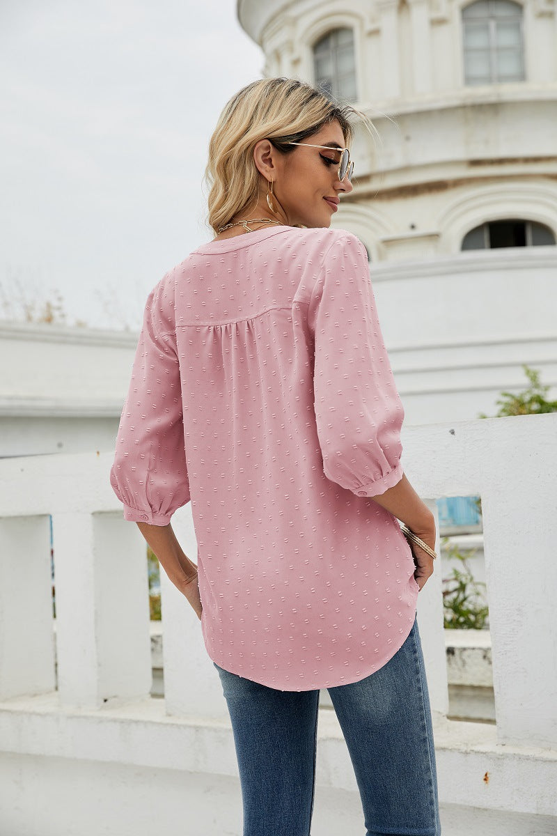 Swiss Dot Notched Neck Three-quarter Sleeve Blouse (14)