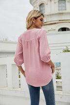 Swiss Dot Notched Neck Three-quarter Sleeve Blouse (14)