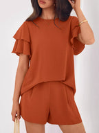 Ruffle Sleeve Top Shorts Two-piece Set (9)