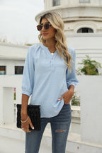 Swiss Dot Notched Neck Three-quarter Sleeve Blouse (5)