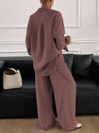 Button Up Long Sleeve Shirt Wide Leg Pants Set (11)