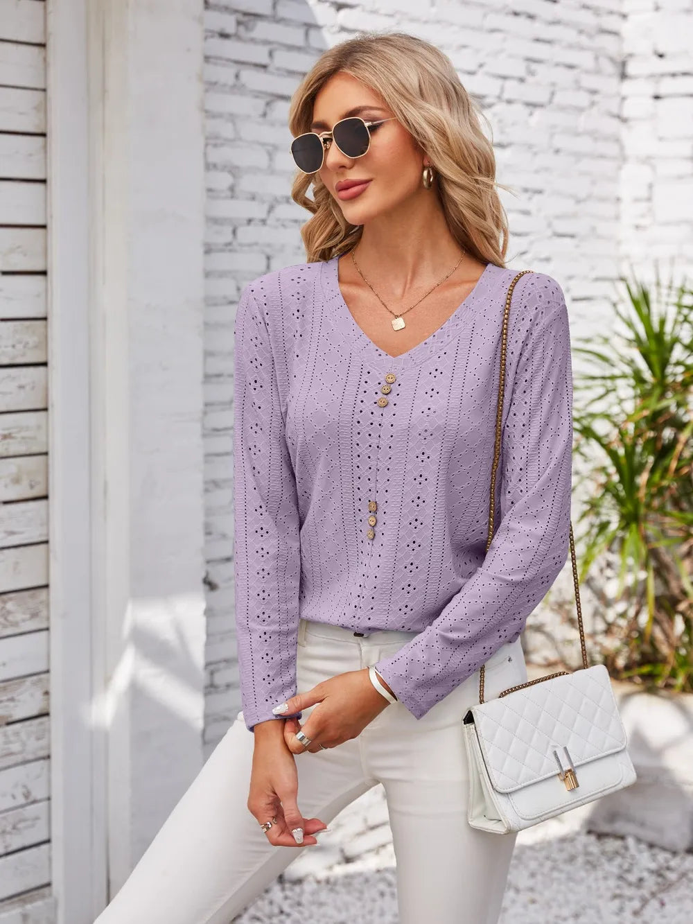 Decorative Button Openwork V-neck T-shirt (23)