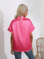 Button Down Collared Neck Short Sleeve Satin Shirt (5)