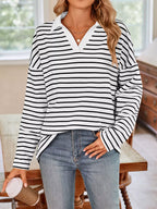Oversized Striped Johnny Collar T-shirt (2)