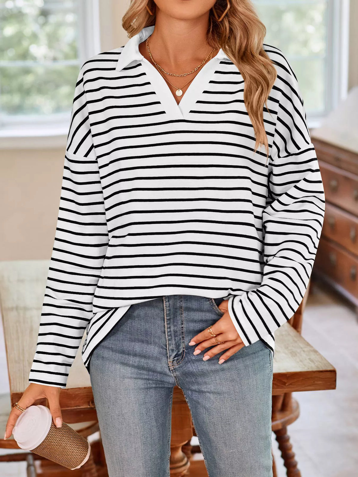 Oversized Striped Johnny Collar T-shirt (2)