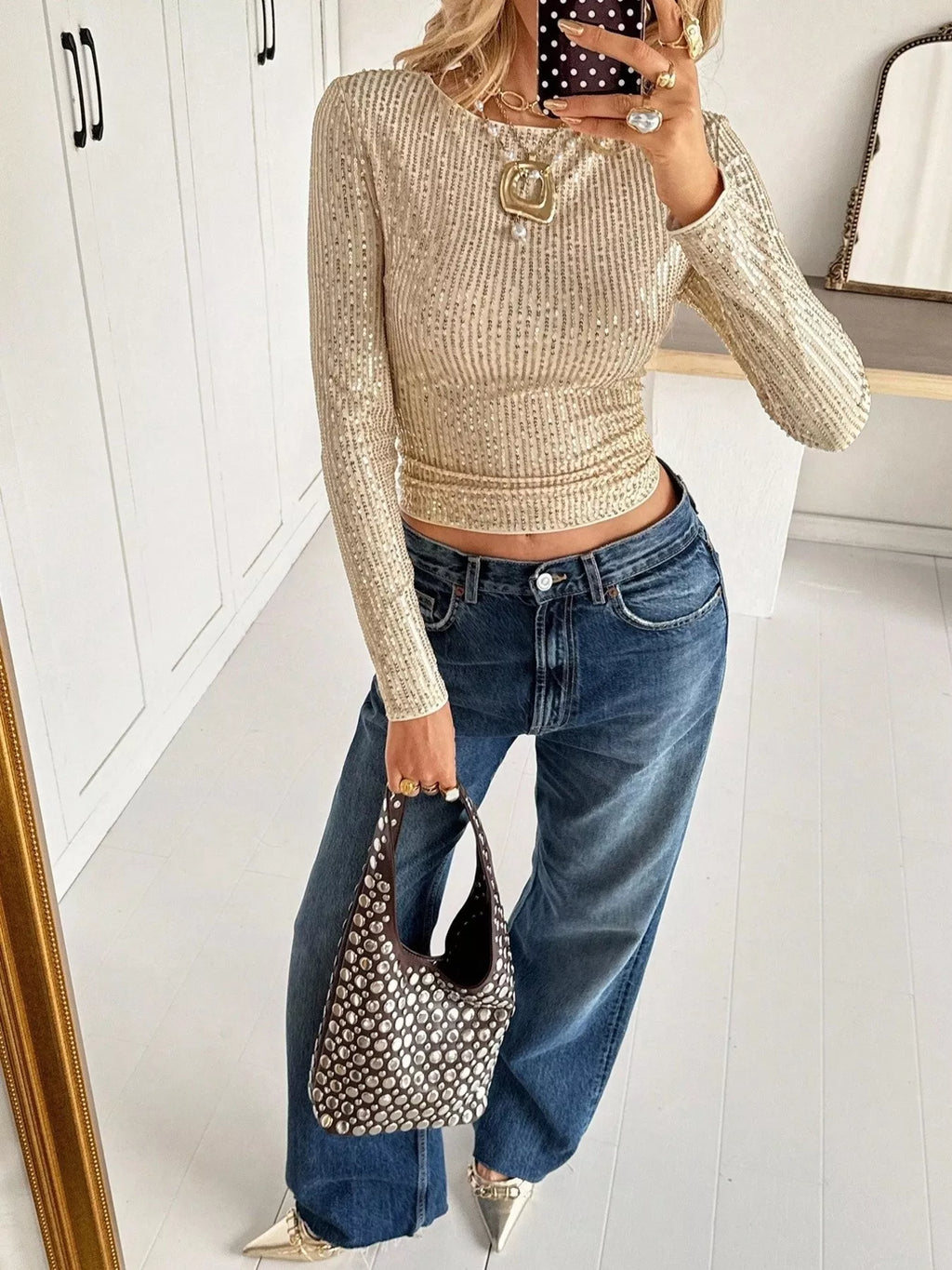 Sequin Long Sleeve Crop T-shirt (7)