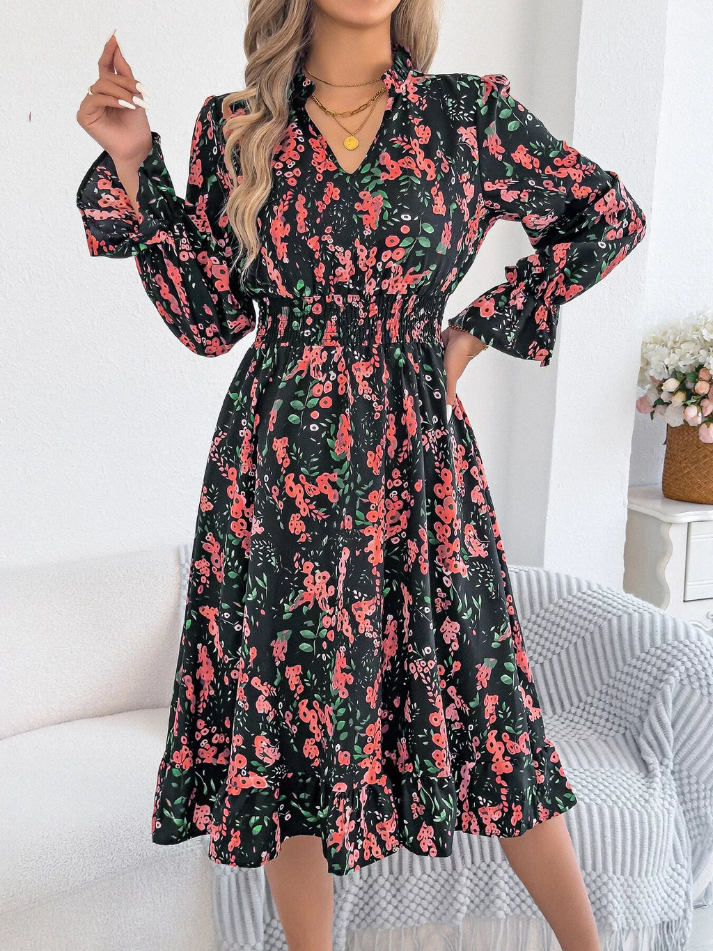Floral Print Ruffle Hem Flounce Sleeve A-line Dress (14)