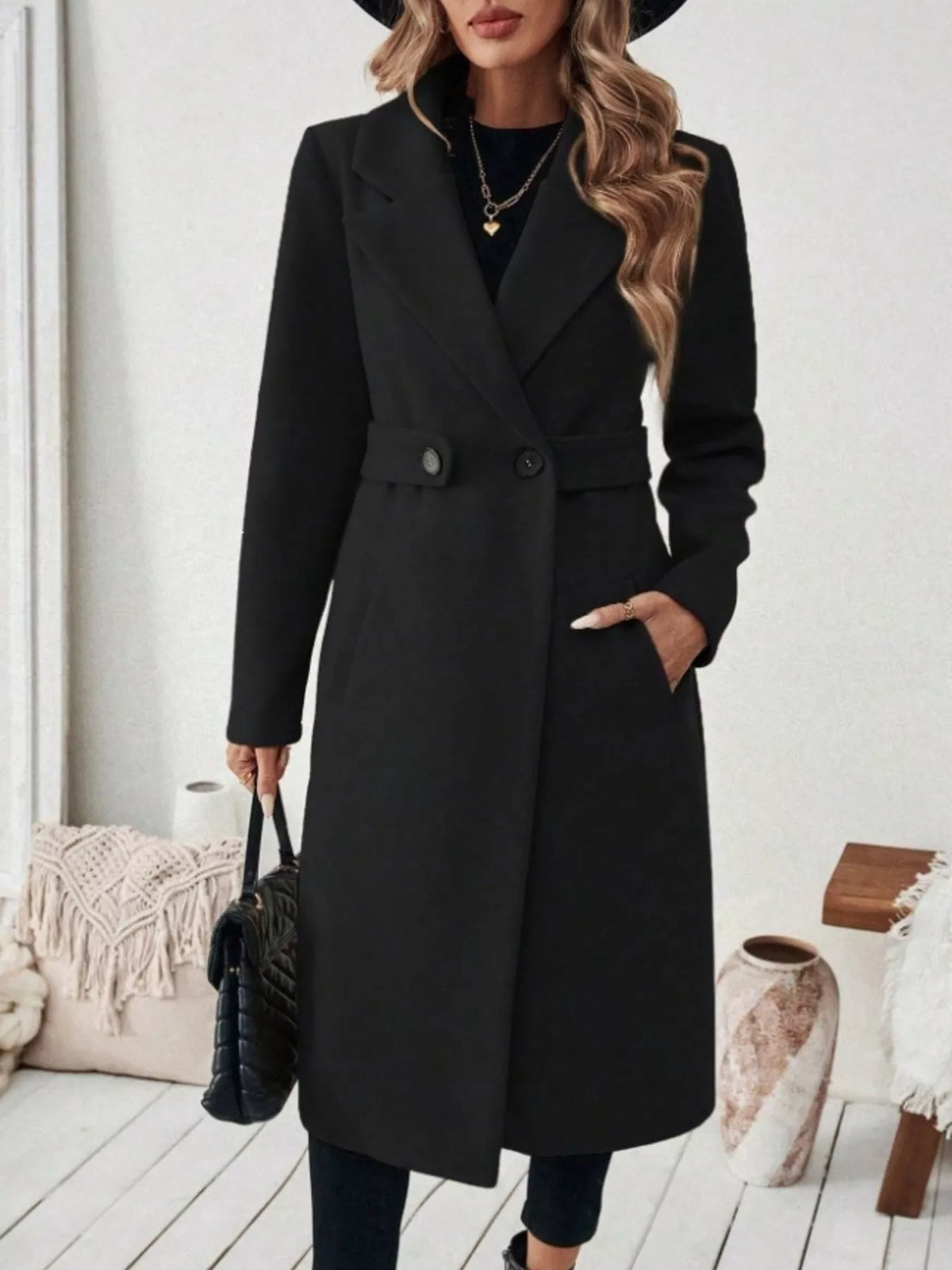Full Size Elegant Lapel Collar Belted Coat Pockets Plus (5)