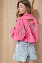 Ripped Rhinestone Denim Jacket Tassel Long Sleeve photo 6