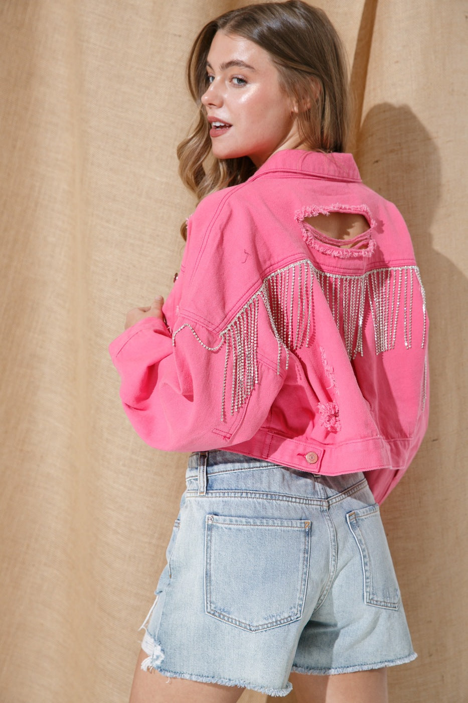 Ripped Rhinestone Denim Jacket Tassel Long Sleeve photo 6